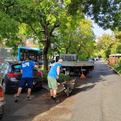 Szabadság úti parkolókban lehullott virágok, levelek összeseprése, űrszelvénynyírás