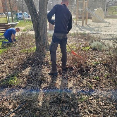 évelőágyás kitisztítása Puskás T-Szivárvány u-i játszótéren